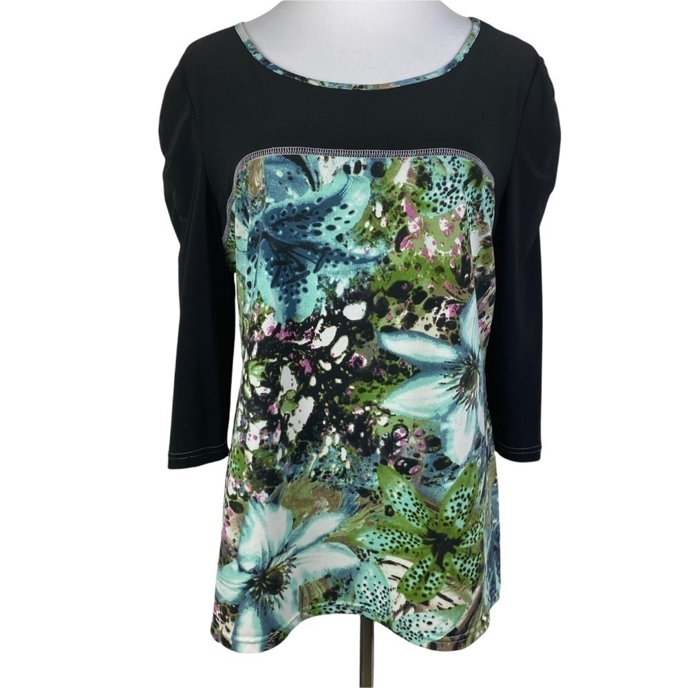 Bali Vintage 3/4 Ruched Sleeve Blouse‎ Women's Small Black Green Blue Floral